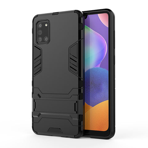 Silikon Hülle Handyhülle und Kunststoff Schutzhülle Hartschalen Tasche mit Ständer T01 für Samsung Galaxy A31 Schwarz