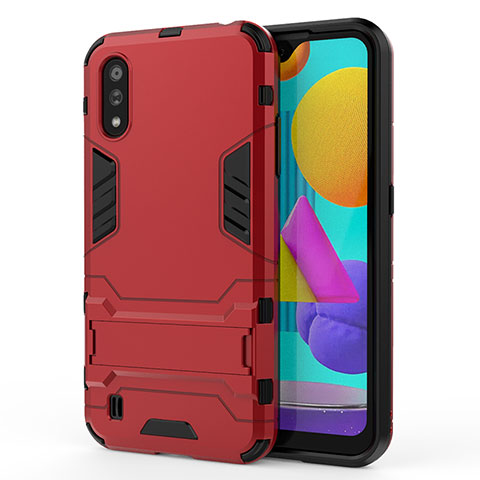 Silikon Hülle Handyhülle und Kunststoff Schutzhülle Hartschalen Tasche mit Ständer T01 für Samsung Galaxy M01 Rot