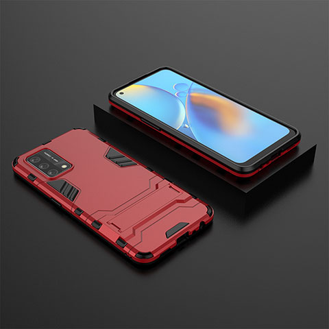 Silikon Hülle Handyhülle und Kunststoff Schutzhülle Hartschalen Tasche mit Ständer T02 für Oppo A74 4G Rot