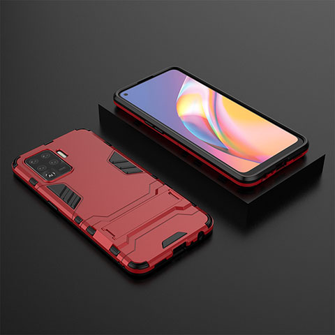 Silikon Hülle Handyhülle und Kunststoff Schutzhülle Hartschalen Tasche mit Ständer T02 für Oppo A94 4G Rot