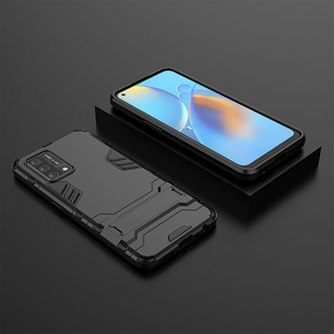 Silikon Hülle Handyhülle und Kunststoff Schutzhülle Hartschalen Tasche mit Ständer T02 für Oppo A95 4G Schwarz