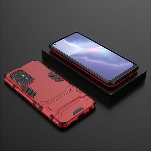 Silikon Hülle Handyhülle und Kunststoff Schutzhülle Hartschalen Tasche mit Ständer T02 für Oppo F19 Pro+ Plus 5G Rot