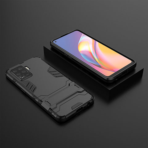 Silikon Hülle Handyhülle und Kunststoff Schutzhülle Hartschalen Tasche mit Ständer T02 für Oppo Reno5 Lite Schwarz