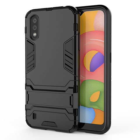 Silikon Hülle Handyhülle und Kunststoff Schutzhülle Hartschalen Tasche mit Ständer T02 für Samsung Galaxy A01 SM-A015 Schwarz