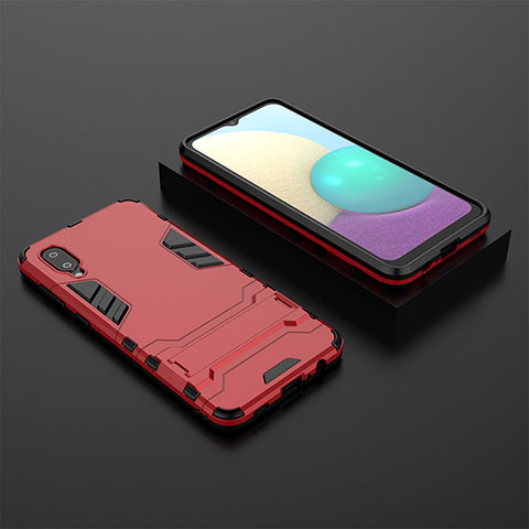 Silikon Hülle Handyhülle und Kunststoff Schutzhülle Hartschalen Tasche mit Ständer T02 für Samsung Galaxy A02 Rot