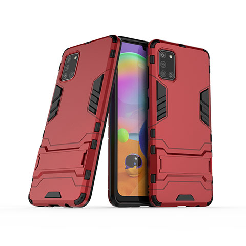 Silikon Hülle Handyhülle und Kunststoff Schutzhülle Hartschalen Tasche mit Ständer T02 für Samsung Galaxy A31 Rot