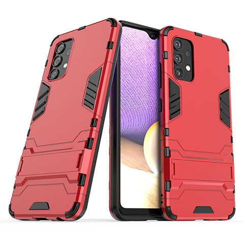 Silikon Hülle Handyhülle und Kunststoff Schutzhülle Hartschalen Tasche mit Ständer T02 für Samsung Galaxy A32 4G Rot