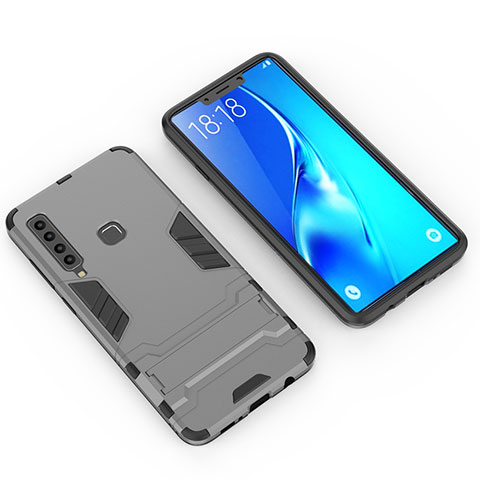 Silikon Hülle Handyhülle und Kunststoff Schutzhülle Hartschalen Tasche mit Ständer T02 für Samsung Galaxy A9 (2018) A920 Grau