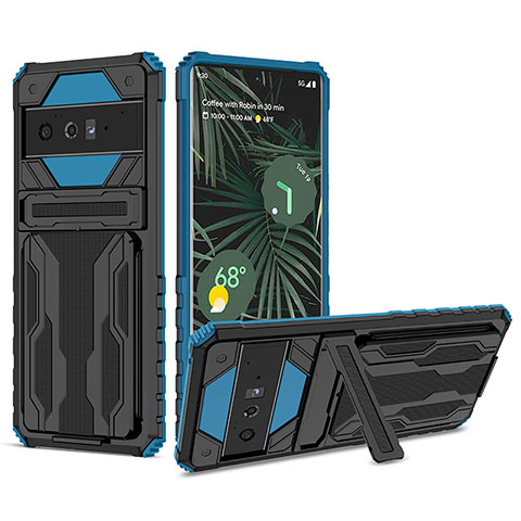 Silikon Hülle Handyhülle und Kunststoff Schutzhülle Hartschalen Tasche mit Ständer YF1 für Google Pixel 6 Pro 5G Blau