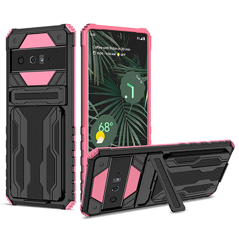 Silikon Hülle Handyhülle und Kunststoff Schutzhülle Hartschalen Tasche mit Ständer YF1 für Google Pixel 6 Pro 5G Rosa