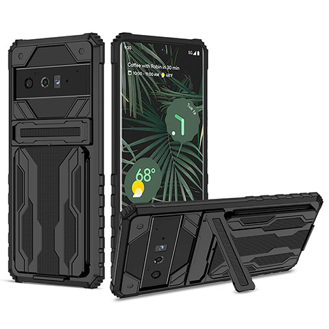 Silikon Hülle Handyhülle und Kunststoff Schutzhülle Hartschalen Tasche mit Ständer YF1 für Google Pixel 6 Pro 5G Schwarz