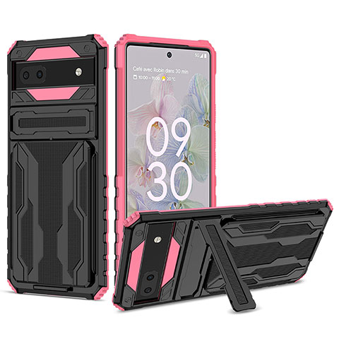 Silikon Hülle Handyhülle und Kunststoff Schutzhülle Hartschalen Tasche mit Ständer YF1 für Google Pixel 6a 5G Rosa