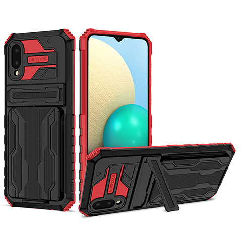 Silikon Hülle Handyhülle und Kunststoff Schutzhülle Hartschalen Tasche mit Ständer YF1 für Samsung Galaxy A02 Rot
