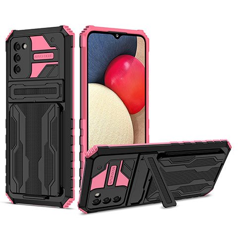 Silikon Hülle Handyhülle und Kunststoff Schutzhülle Hartschalen Tasche mit Ständer YF1 für Samsung Galaxy A02s Rosa