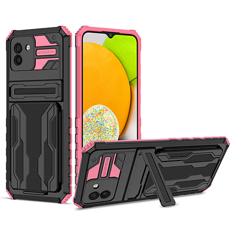 Silikon Hülle Handyhülle und Kunststoff Schutzhülle Hartschalen Tasche mit Ständer YF1 für Samsung Galaxy A03 Rosa