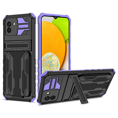 Silikon Hülle Handyhülle und Kunststoff Schutzhülle Hartschalen Tasche mit Ständer YF1 für Samsung Galaxy A03 Violett