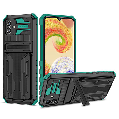 Silikon Hülle Handyhülle und Kunststoff Schutzhülle Hartschalen Tasche mit Ständer YF1 für Samsung Galaxy A04 4G Grün