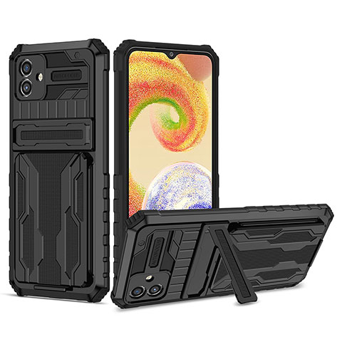 Silikon Hülle Handyhülle und Kunststoff Schutzhülle Hartschalen Tasche mit Ständer YF1 für Samsung Galaxy A04 4G Schwarz