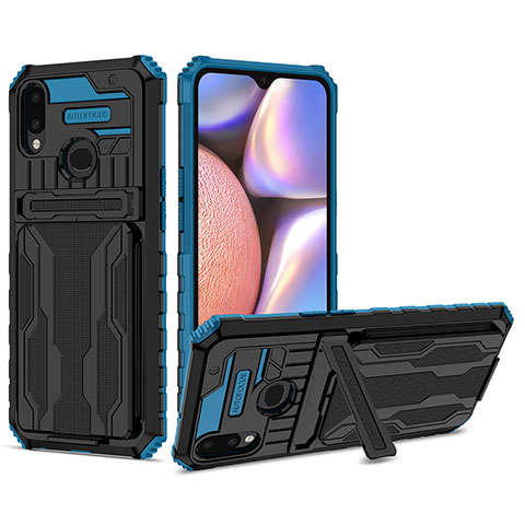 Silikon Hülle Handyhülle und Kunststoff Schutzhülle Hartschalen Tasche mit Ständer YF1 für Samsung Galaxy A10s Blau