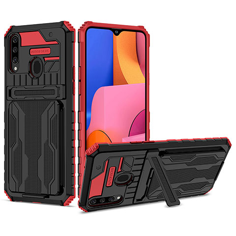 Silikon Hülle Handyhülle und Kunststoff Schutzhülle Hartschalen Tasche mit Ständer YF1 für Samsung Galaxy A20s Rot