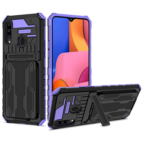 Silikon Hülle Handyhülle und Kunststoff Schutzhülle Hartschalen Tasche mit Ständer YF1 für Samsung Galaxy A20s Violett