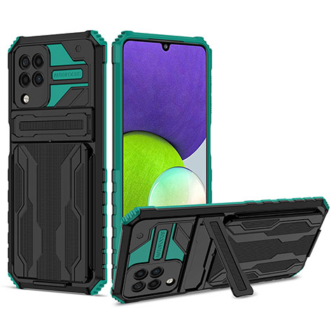 Silikon Hülle Handyhülle und Kunststoff Schutzhülle Hartschalen Tasche mit Ständer YF1 für Samsung Galaxy A22 4G Grün