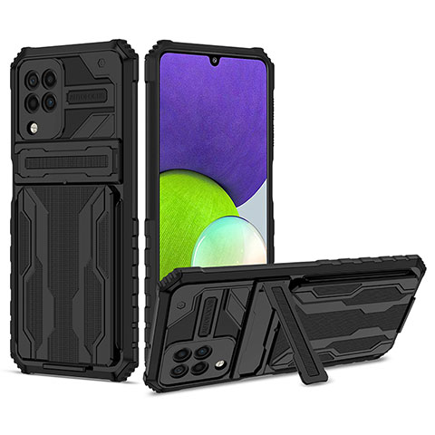 Silikon Hülle Handyhülle und Kunststoff Schutzhülle Hartschalen Tasche mit Ständer YF1 für Samsung Galaxy A22 4G Schwarz