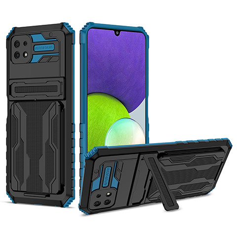 Silikon Hülle Handyhülle und Kunststoff Schutzhülle Hartschalen Tasche mit Ständer YF1 für Samsung Galaxy A22 5G Blau