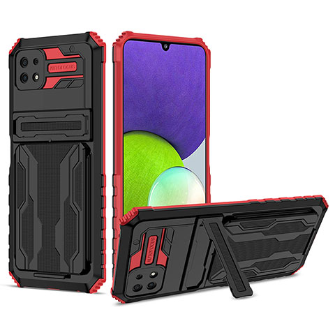 Silikon Hülle Handyhülle und Kunststoff Schutzhülle Hartschalen Tasche mit Ständer YF1 für Samsung Galaxy A22 5G Rot