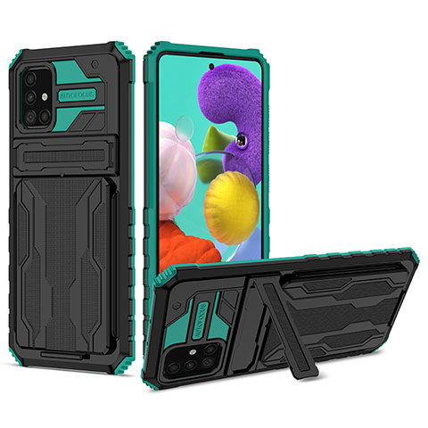 Silikon Hülle Handyhülle und Kunststoff Schutzhülle Hartschalen Tasche mit Ständer YF1 für Samsung Galaxy A31 Grün