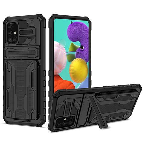 Silikon Hülle Handyhülle und Kunststoff Schutzhülle Hartschalen Tasche mit Ständer YF1 für Samsung Galaxy A31 Schwarz