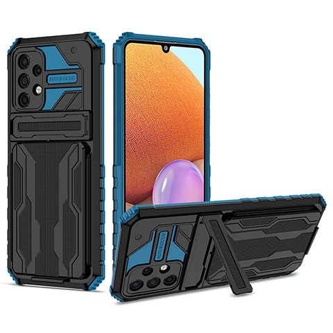 Silikon Hülle Handyhülle und Kunststoff Schutzhülle Hartschalen Tasche mit Ständer YF1 für Samsung Galaxy A32 4G Blau