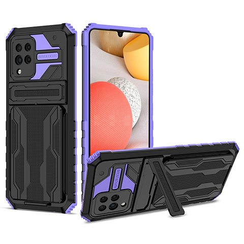 Silikon Hülle Handyhülle und Kunststoff Schutzhülle Hartschalen Tasche mit Ständer YF1 für Samsung Galaxy A42 5G Violett