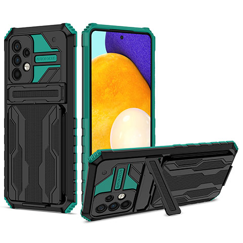 Silikon Hülle Handyhülle und Kunststoff Schutzhülle Hartschalen Tasche mit Ständer YF1 für Samsung Galaxy A72 5G Grün