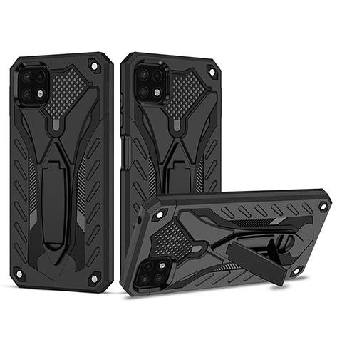 Silikon Hülle Handyhülle und Kunststoff Schutzhülle Hartschalen Tasche mit Ständer YF2 für Samsung Galaxy A22s 5G Schwarz
