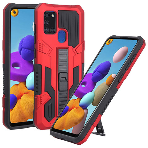 Silikon Hülle Handyhülle und Kunststoff Schutzhülle Hartschalen Tasche mit Ständer ZJ1 für Samsung Galaxy A21s Rot