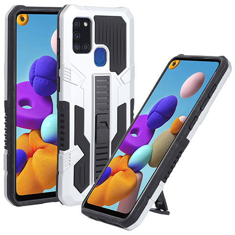 Silikon Hülle Handyhülle und Kunststoff Schutzhülle Hartschalen Tasche mit Ständer ZJ1 für Samsung Galaxy A21s Weiß