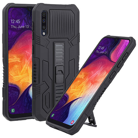 Silikon Hülle Handyhülle und Kunststoff Schutzhülle Hartschalen Tasche mit Ständer ZJ1 für Samsung Galaxy A30S Schwarz