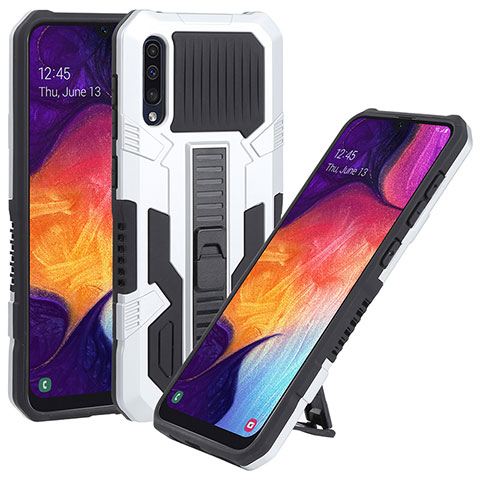 Silikon Hülle Handyhülle und Kunststoff Schutzhülle Hartschalen Tasche mit Ständer ZJ1 für Samsung Galaxy A50 Weiß