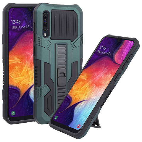 Silikon Hülle Handyhülle und Kunststoff Schutzhülle Hartschalen Tasche mit Ständer ZJ1 für Samsung Galaxy A50S Grün