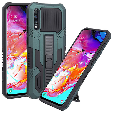 Silikon Hülle Handyhülle und Kunststoff Schutzhülle Hartschalen Tasche mit Ständer ZJ1 für Samsung Galaxy A70 Grün