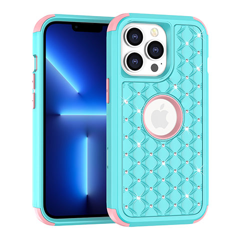 Silikon Hülle Handyhülle und Kunststoff Schutzhülle Hartschalen Tasche Vorder und Rückseite 360 Grad Ganzkörper Bling-Bling für Apple iPhone 13 Pro Blau