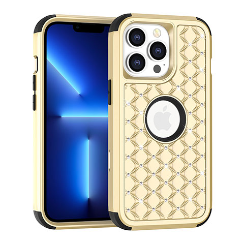 Silikon Hülle Handyhülle und Kunststoff Schutzhülle Hartschalen Tasche Vorder und Rückseite 360 Grad Ganzkörper Bling-Bling für Apple iPhone 13 Pro Gold und Schwarz