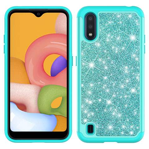 Silikon Hülle Handyhülle und Kunststoff Schutzhülle Hartschalen Tasche Vorder und Rückseite 360 Grad Ganzkörper Bling-Bling für Samsung Galaxy A01 SM-A015 Cyan