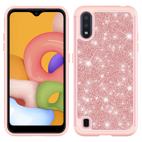 Silikon Hülle Handyhülle und Kunststoff Schutzhülle Hartschalen Tasche Vorder und Rückseite 360 Grad Ganzkörper Bling-Bling für Samsung Galaxy A01 SM-A015 Rosegold