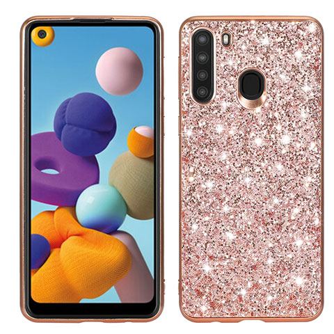 Silikon Hülle Handyhülle und Kunststoff Schutzhülle Hartschalen Tasche Vorder und Rückseite 360 Grad Ganzkörper Bling-Bling für Samsung Galaxy A21 Rosegold