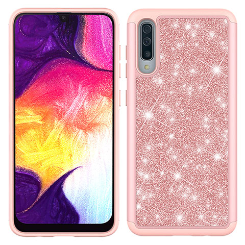 Silikon Hülle Handyhülle und Kunststoff Schutzhülle Hartschalen Tasche Vorder und Rückseite 360 Grad Ganzkörper Bling-Bling JX1 für Samsung Galaxy A50 Rosegold