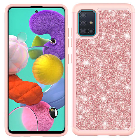 Silikon Hülle Handyhülle und Kunststoff Schutzhülle Hartschalen Tasche Vorder und Rückseite 360 Grad Ganzkörper Bling-Bling JX1 für Samsung Galaxy A51 4G Rosegold