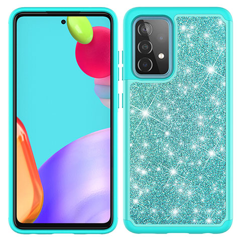 Silikon Hülle Handyhülle und Kunststoff Schutzhülle Hartschalen Tasche Vorder und Rückseite 360 Grad Ganzkörper Bling-Bling JX1 für Samsung Galaxy A52 4G Cyan