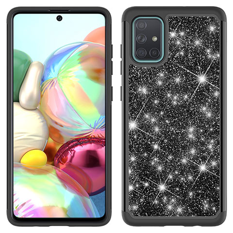 Silikon Hülle Handyhülle und Kunststoff Schutzhülle Hartschalen Tasche Vorder und Rückseite 360 Grad Ganzkörper Bling-Bling JX1 für Samsung Galaxy A71 4G A715 Schwarz